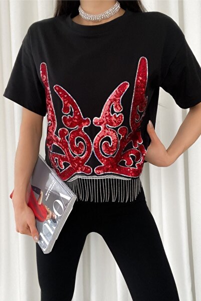 FEMELLE Damska czarna, nowa sezonowa koszulka bawełniana z haftowanymi cekinami i frędzlami