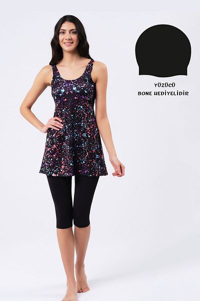 vawensea Women's Tights Patterned Dress Swimsuit Black (with Breast Pad)