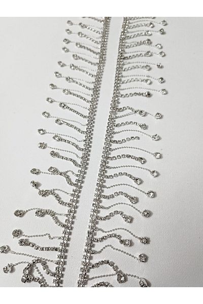 ALTAY TEKSTİL ÜRÜNLERİ Altai Silver Color Crystal Stone Chain Fringe Ribbon
