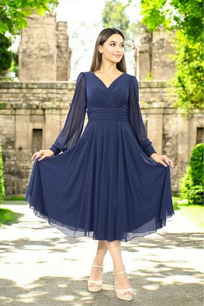 FaBe Fashion Long Sleeve Covered Back Double Breasted Collar Midi Chiffon Dress