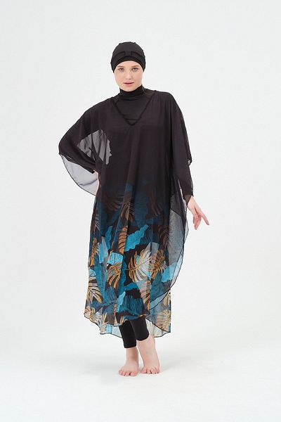 vawensea Women's Blue Leaf Panel Patterned Single Pareo on Hijab Swimsuit