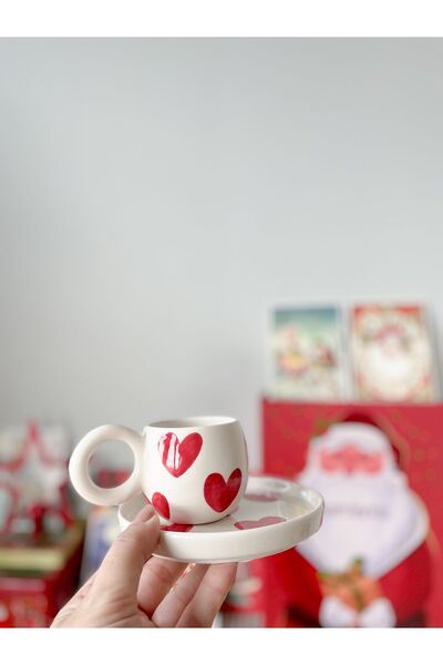 Mugtasarım كوب قهوة تركي مزدوج مرسومة يدويًا، مصنوع يدويًا، لعيد الحب، قلب كب...