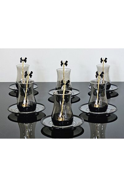 atabey home collection طقم شاي فومي بلاك إيفا 18 قطعة - فراشة سوداء مع ملعقة شاي