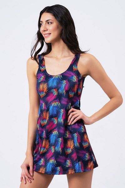 vawensea Women's Lycra Shorts Colorful Leaf Pattern Dress Swimsuit