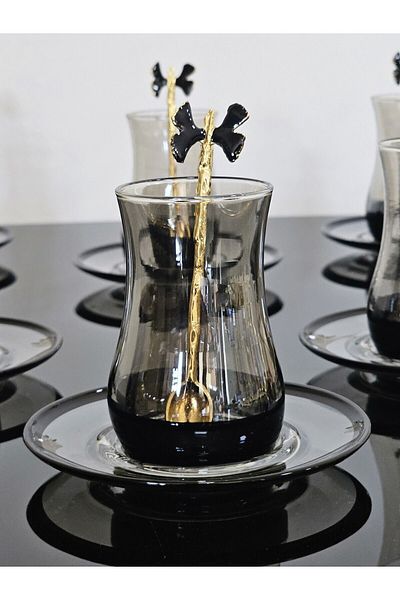 atabey home collection طقم شاي فومي بلاك إيفا 18 قطعة - فراشة سوداء مع ملعقة شاي
