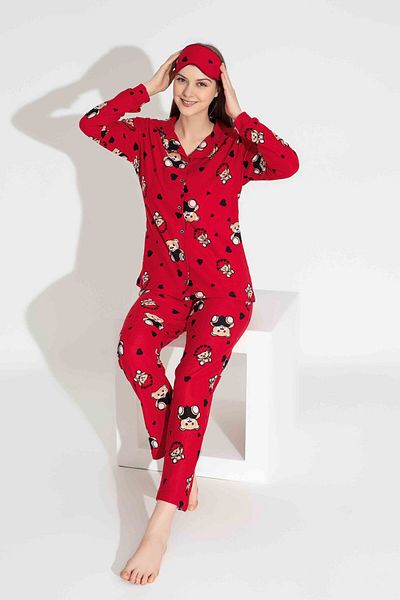 Tarık Red Bear Patterned Velvet Suede Pajama Set - Winter, Warm, Front Buttoned