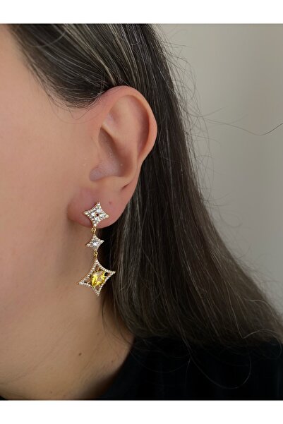 Owentis Çelik Sarı Kristal Taşlı Işıltılı Dimensios Küpe -kararma yapmaz-