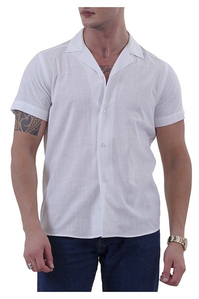 Exve Exclusive Λευκό λινό υφαντό Basic Hawaiian Oversize Loose κοντομάνικο πουκάμισο