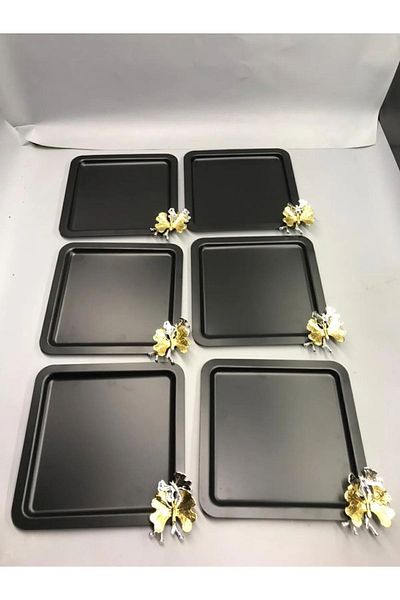 Kumsal Hediyelik 6-Piece Stainless Steel Square - Black Coffee/Tea/Decorative Presentation Tray with Butterfly Accessories