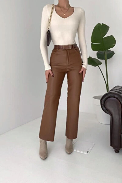munora butik Leather Straight Tan Trousers