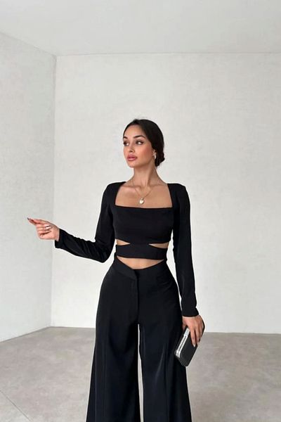 munora butik Laser Cut Upward Waist Black Suit