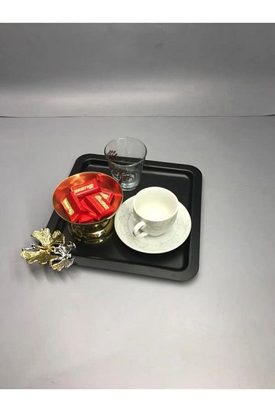 Kumsal Hediyelik 6-Piece Stainless Steel Square - Black Coffee/Tea/Decorative Presentation Tray with Butterfly Accessories