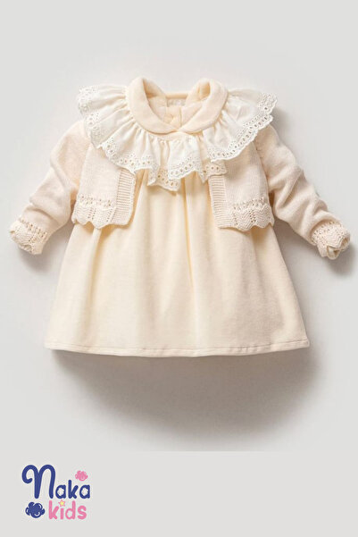 Naka Concept Kız Bebek Valonlu Çıkarılabilir Yaka Kadife Elbise ve Triko Hırk...