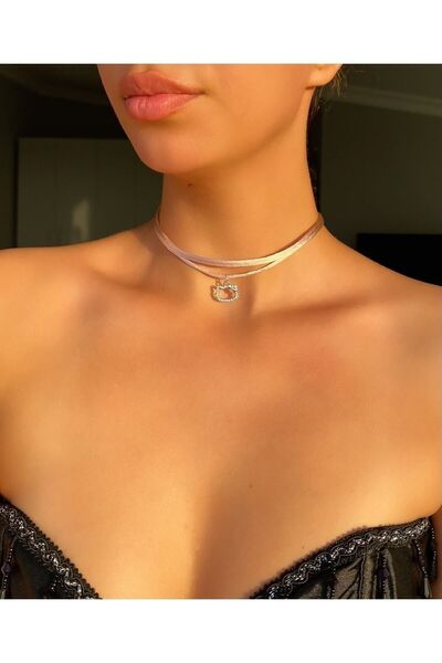 Pinky Lady Pembe Ipli Minimal Zirkon Taşlı Hello Kitty Choker Kolye