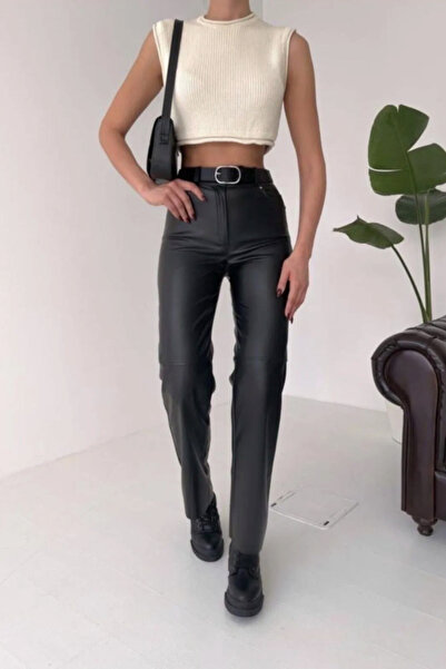 munora butik Leather Straight Black Trousers