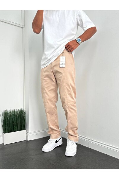 Gambocci Ανδρικό λινό παντελόνι με χαλαρή εφαρμογή - με λεπτομέρεια κομματιού και φερμουάρ