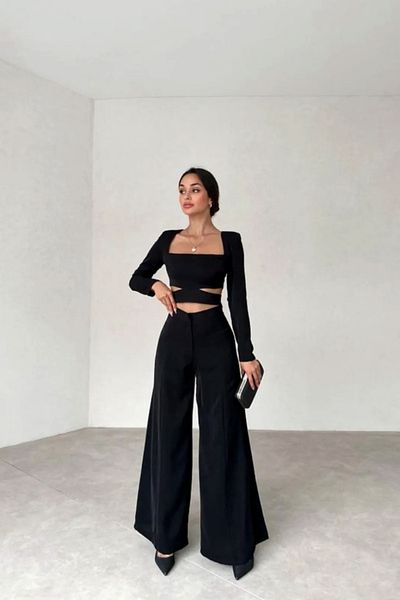 munora butik Laser Cut Upward Waist Black Suit