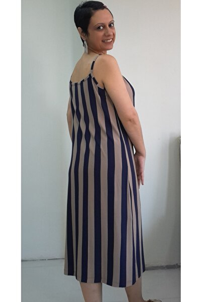 Mertcan Butik Μπλε Navy Latte Βαμβακερό Βισκόζη Φόρεμα - Ρίγες και Λουράκια