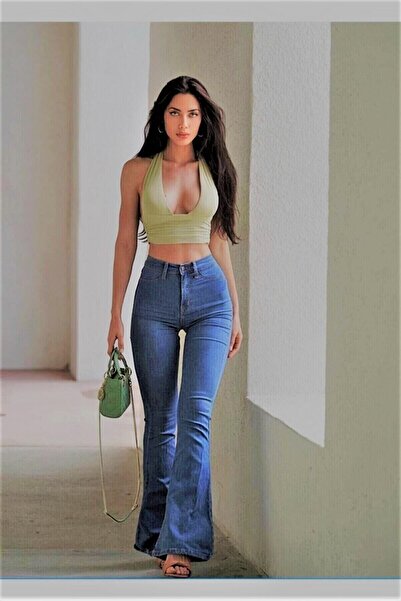 TRENDNATUREL Ispanyol Mavi Yüksek Bel Likralı Flare Jean Pantolon (BEDEN TABLOMUZA BAKINIZ)