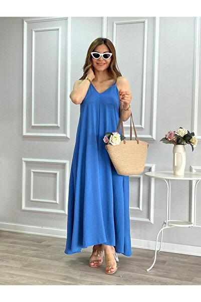 MOLLYMORE Aerobin Kumaş Ayarlanabilir Askılı Uzun Mavi Elbise