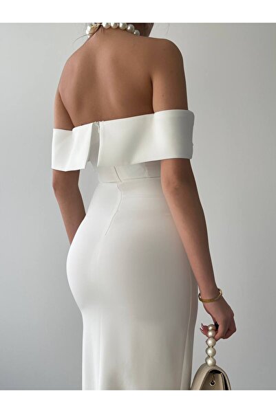 Julidress Rochie albă solidă cu gât barcă - cu fantă adâncă