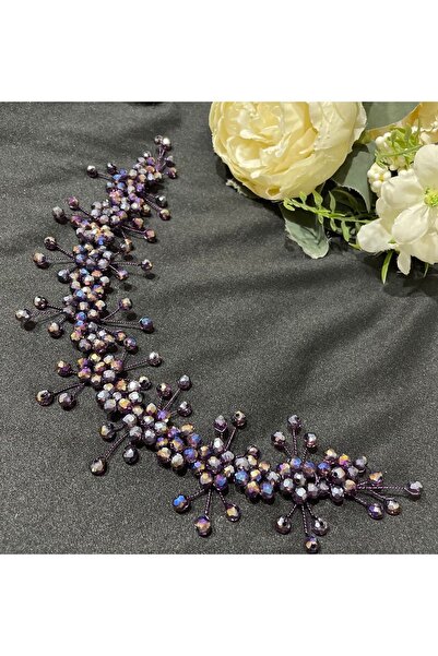 Genel Markalar Mor Kristal Taşlı Gelin, Nişan, Kına, Düğün Saç Aksesuarı, Gel...