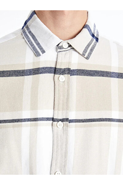 LC Waikiki LCW Μπεζ καρό - Ανδρικό πουκάμισο Gabardine με κανονική εφαρμογή με μακριά μανίκια