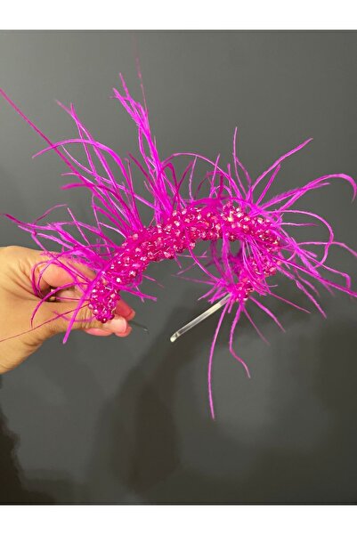 DesaAccessories Fuşya Kristal Taşlı Tüylü, Nişan, Kına, Düğün Tacı