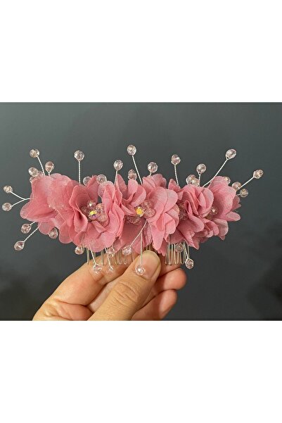 DesaAccessories Pembe Çiçek Detay Taraklı Nişan, Düğün Saç Aksesuarı, Nişan Tacı
