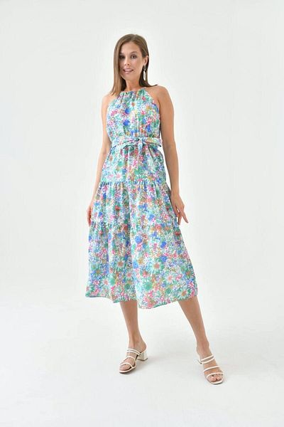 S&A Collectionn Rochie florală pentru femei, cu șnur, cu șnur, cu talie elastică, lungime mijlocie, până la genunchi