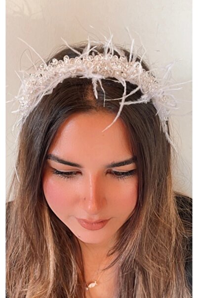 DesaAccessories Beyaz Kristal Taşlı Tüylü Nişan, Kına, Düğün Tacı