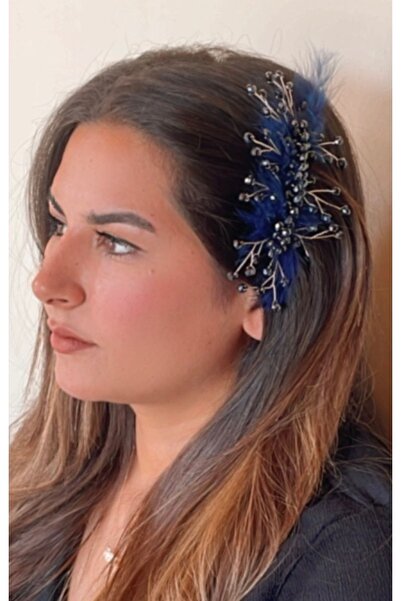 DesaAccessories Lacivert Kristal Taşlı Tüy Detay Taraklı Saç Aksesuarı, Nişan...