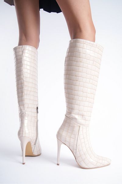 Shoesers Γυναικείες μπότες Croco Design με ψηλό τακούνι - μυτερή μύτη, μισό φερμουάρ
