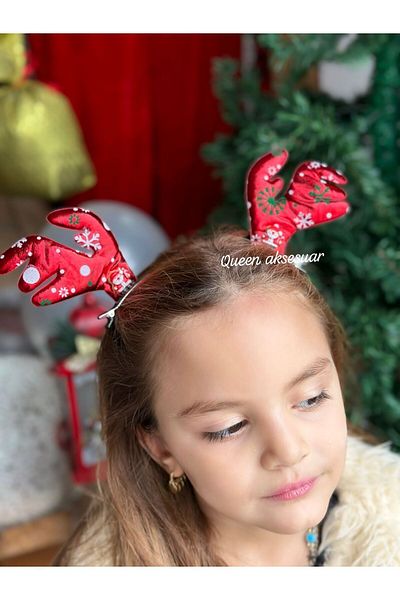QUEEN AKSESUAR New Year's Special Design Metallic Bright Red Cute Deer Horned 2-Piece Women's Children's Buckle No1