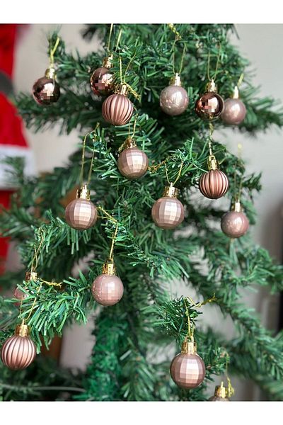 QUEEN AKSESUAR Imported New Year's Luxury 24-Piece Mini Brown Matte Metal Shiny Mixed Mini Pine Tree Ball Decoration Set