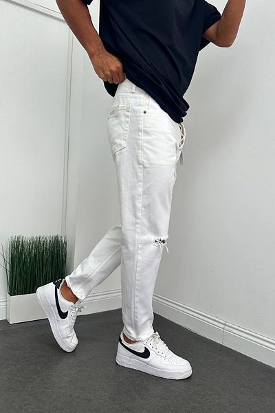 Denim Shorty Boyfriend White Knee Ripped Model Τζιν παντελόνι