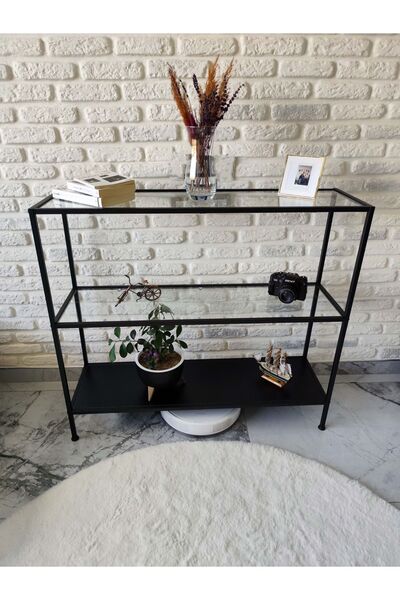 Home Celestia DRESUAR Kahve Köşesi Dekoratif Raflı Konsol Şeffaf Cam Siyah Ahşap
