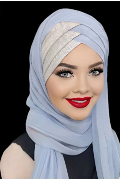 Polikromi Bebe Mavisi 3 Bant Açık Gri Simli Hazır Tesettür Türban Başörtüsü Bone