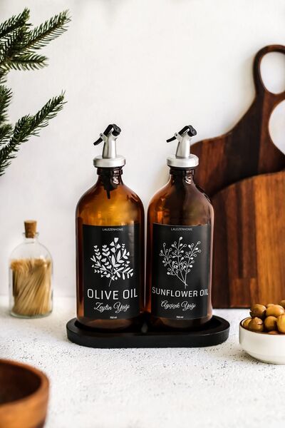 LALEZEN HOME زجاجة زيت كهرماني سائل وزيت زيتون مكونة من قطعتين مع حامل أسود و...