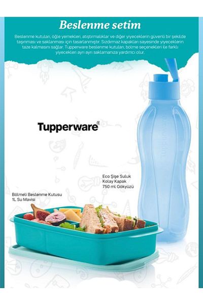 Tupperware Blue Compartment Nutrition 1 lt & Tupperware Eco Bottle Blue Water Bottle 750 ml Set*VITRINFLY
