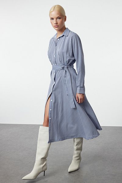 Trendyol Collection Rochie cămașă cu dungi cu curea midi - TWOAW25EL00470