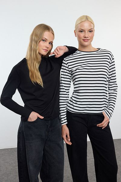 Trendyol Collection Černo-bílá pruhovaná pletená trička Regular Fit, sada 2 kusů - TWOAW25TS00005