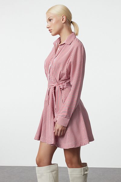 Trendyol Collection Burgunderfarbenes, gestreiftes, gewebtes Mini-Hemdkleid mit Gürtel TWOAW25EL00154