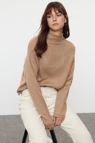Trendyol Collection Mink More Sustainable - Pulover tricotat cu guler în picioare cu tăietură largă TWOAW25KZ00306