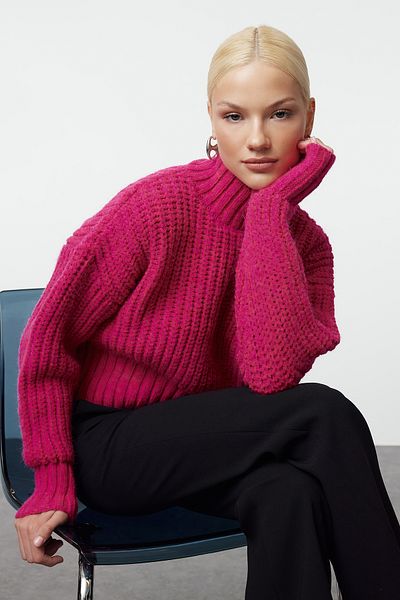 Trendyol Collection Fukszia puha kötött Crop pulóver - vastag kötött, részletes TWOAW25KZ00061