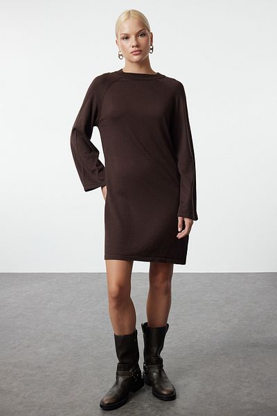 Trendyol Collection Dark Brown Cotton Mini Knitwear Dress - TWOAW25EL00044