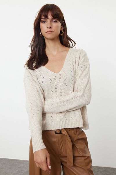 Trendyol Collection Beige Perforated Soft Knitwear Sweater - TWOAW25KZ00210