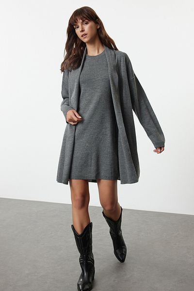 Trendyol Collection Anthracite Mini Knitwear Cardigan and Dress Set - Twoaw25El00058