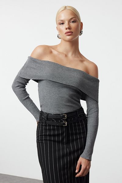Trendyol Collection Carmen Collar Gray Knitwear Sweater - Premium Yarn TWOAW25KZ00079