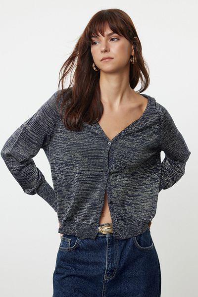 Trendyol Collection Indigo Premium - Cardigan de tricotaj cu glugă cu croială largă și detalii cu sclipici TWOAW25HI00043